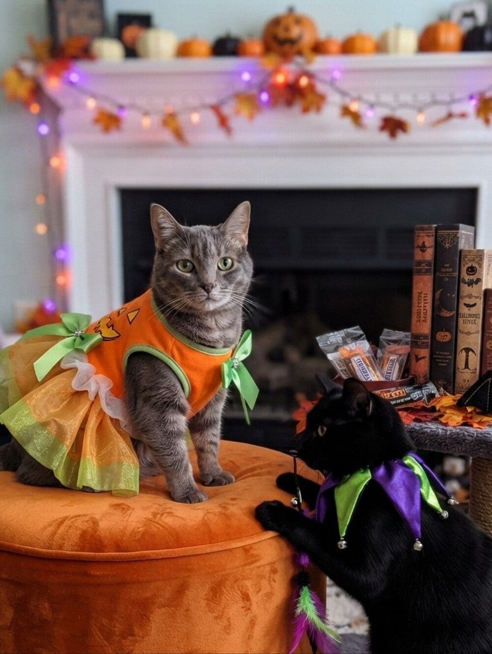 Pet Costume Orange & Green Tutu, Jack-O-Lantern, Jester Collar w/Bells Cat Dog